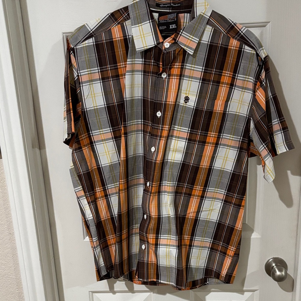 South Pole Men's Plaid Short Sleeve Shirt - Brown, Orange, Gray